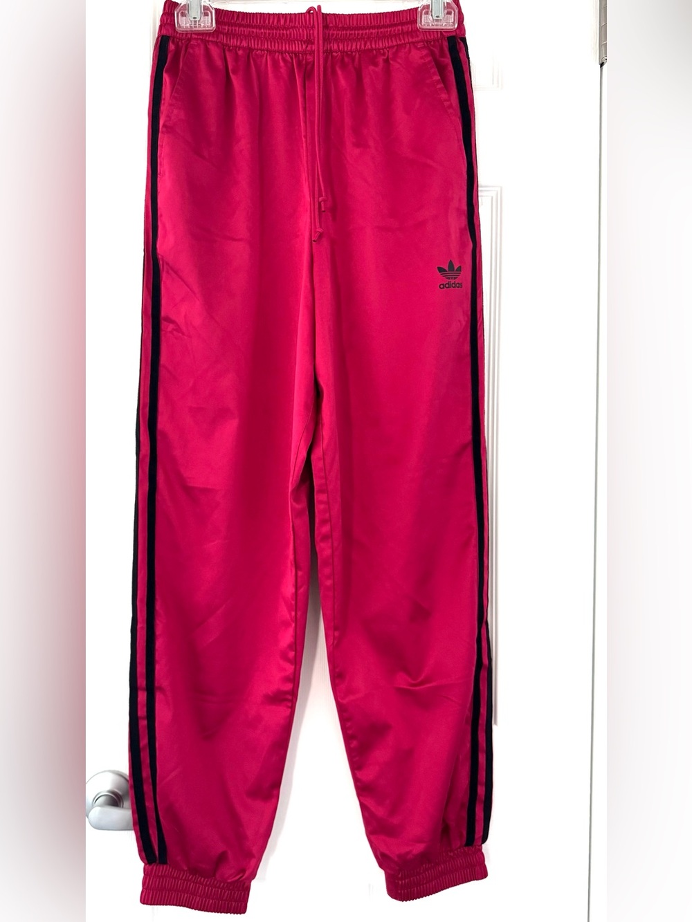 adidas Fuchsia Satin Track Pants with Black Stripes